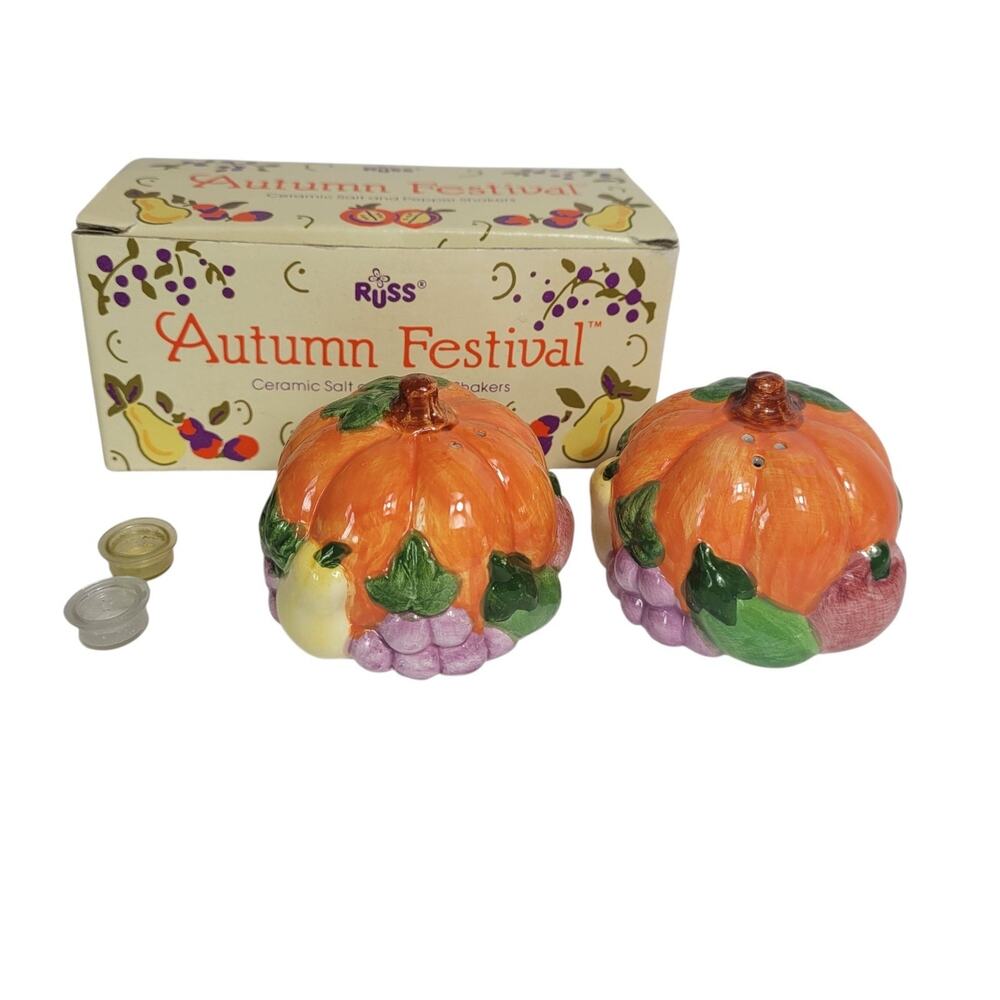 Vintage Russ Autumn Festival Pumpkin Salt & Pepper Shaker Hand Painted w/Org Box